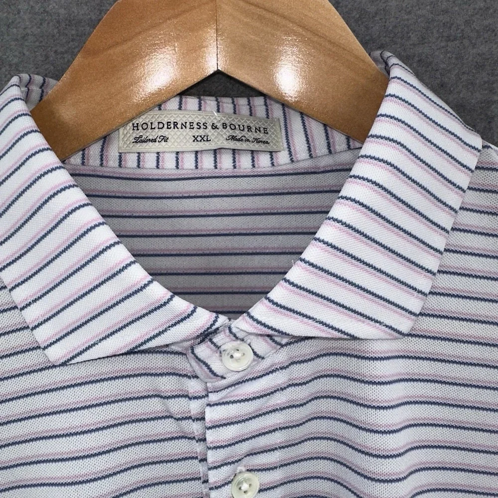 New Holderness & Bourne 2XL XXL Saxton‎ Pink Blue Striped Golf Polo Tailored Fit